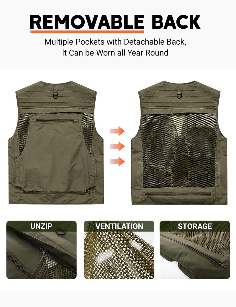 PEHMEA Men's Fishing Vest Utility Detachable Summer Vests with Pockets for Safari Travel Outdoor Work Photo Cargo Fly(Khaki-L) - Image 2
